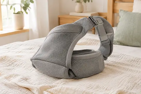 Porte-bébé latéral gris en maille, plié sur une couverture ivoire dans un intérieur lumineux
