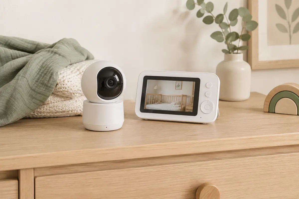 Babyphone vidéo blanc avec caméra orientable et moniteur à écran de 5 pouces dans une chambre lumineuse.