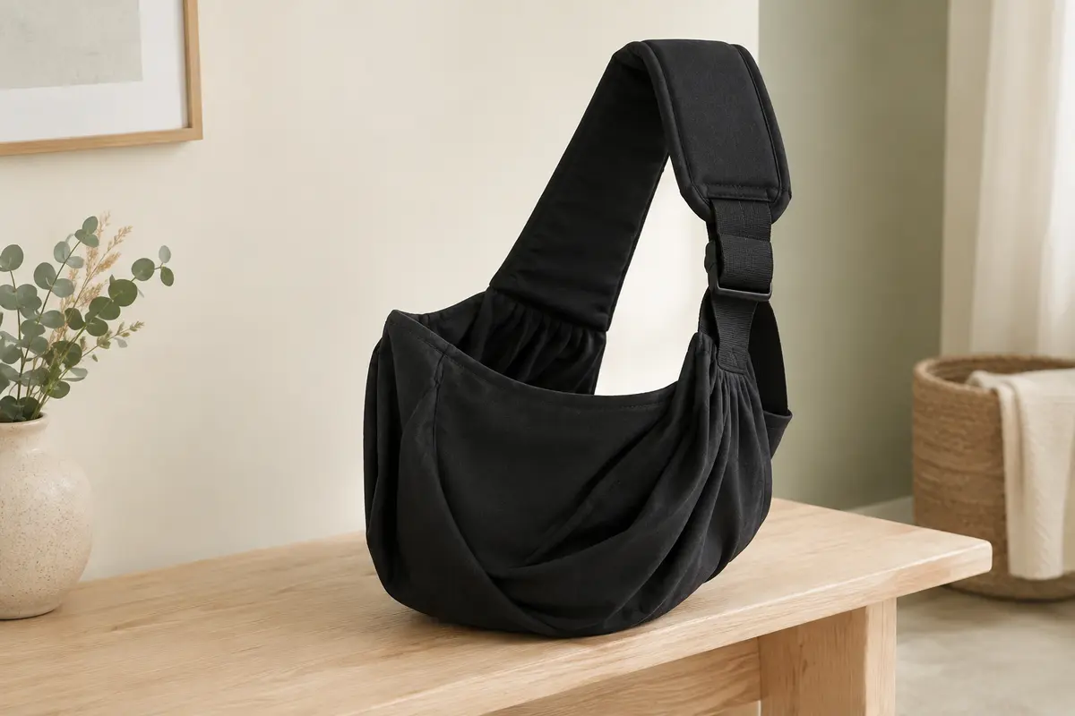 Porte-bébé latéral noir en polyester à large bretelle, présenté seul sur un banc en bois clair.