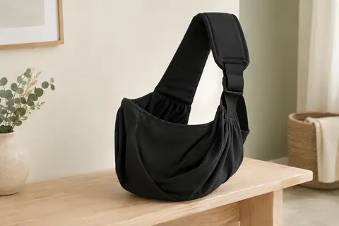 Porte-bébé latéral noir en polyester à large bretelle, présenté seul sur un banc en bois clair.