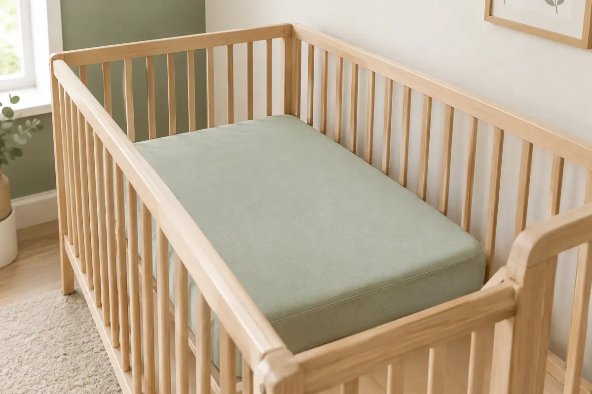 Matelas bébé Kiby à housse verte en tissu en aloe vera, posé seul dans un lit à barreaux en bois clair.