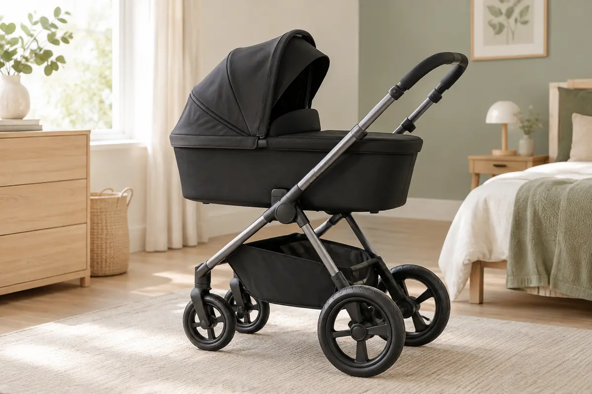 Poussette combinée noire avec nacelle, capote et structure en aluminium dans un intérieur lumineux