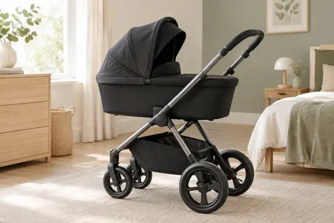 Poussette combinée noire avec nacelle, capote et structure en aluminium dans un intérieur lumineux