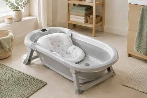 Baignoire bébé pliable grise avec coussin doux et affichage de température intégré