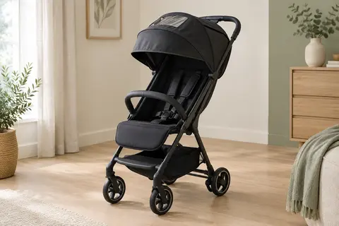 Poussette Kinderkraft Apino noire dépliée, avec capote à fenêtre, dans un intérieur lumineux au sol en bois clair.