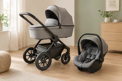 Poussette Kinderkraft Esme grise avec siège convertible et siège auto dans un intérieur lumineux.