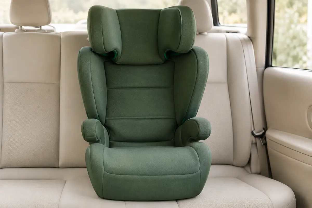 Siège auto enfant vert à dossier haut avec appui-tête réglable et accoudoirs, posé seul sur une banquette.