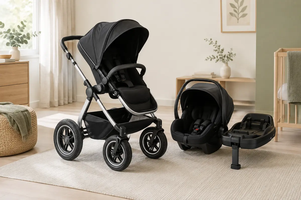 Poussette combinée noire Kinderkraft MOOV2 Air avec siège 2 en 1 et roues gonflables dans un intérieur lumineux