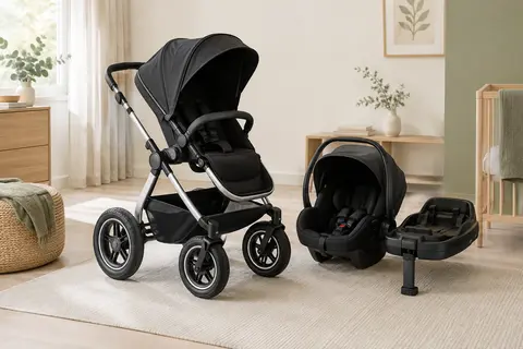 Poussette combinée noire Kinderkraft MOOV2 Air avec siège 2 en 1 et roues gonflables dans un intérieur lumineux