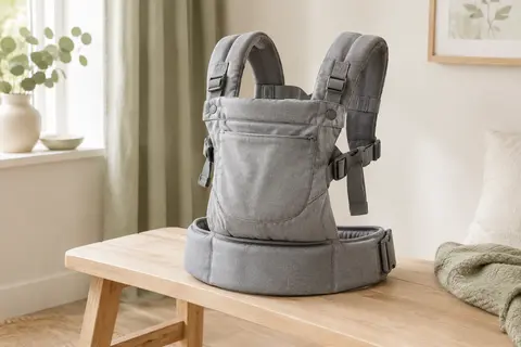 Porte-bébé physiologique gris en coton, déplié avec ses bretelles, sa ceinture et sa poche avant