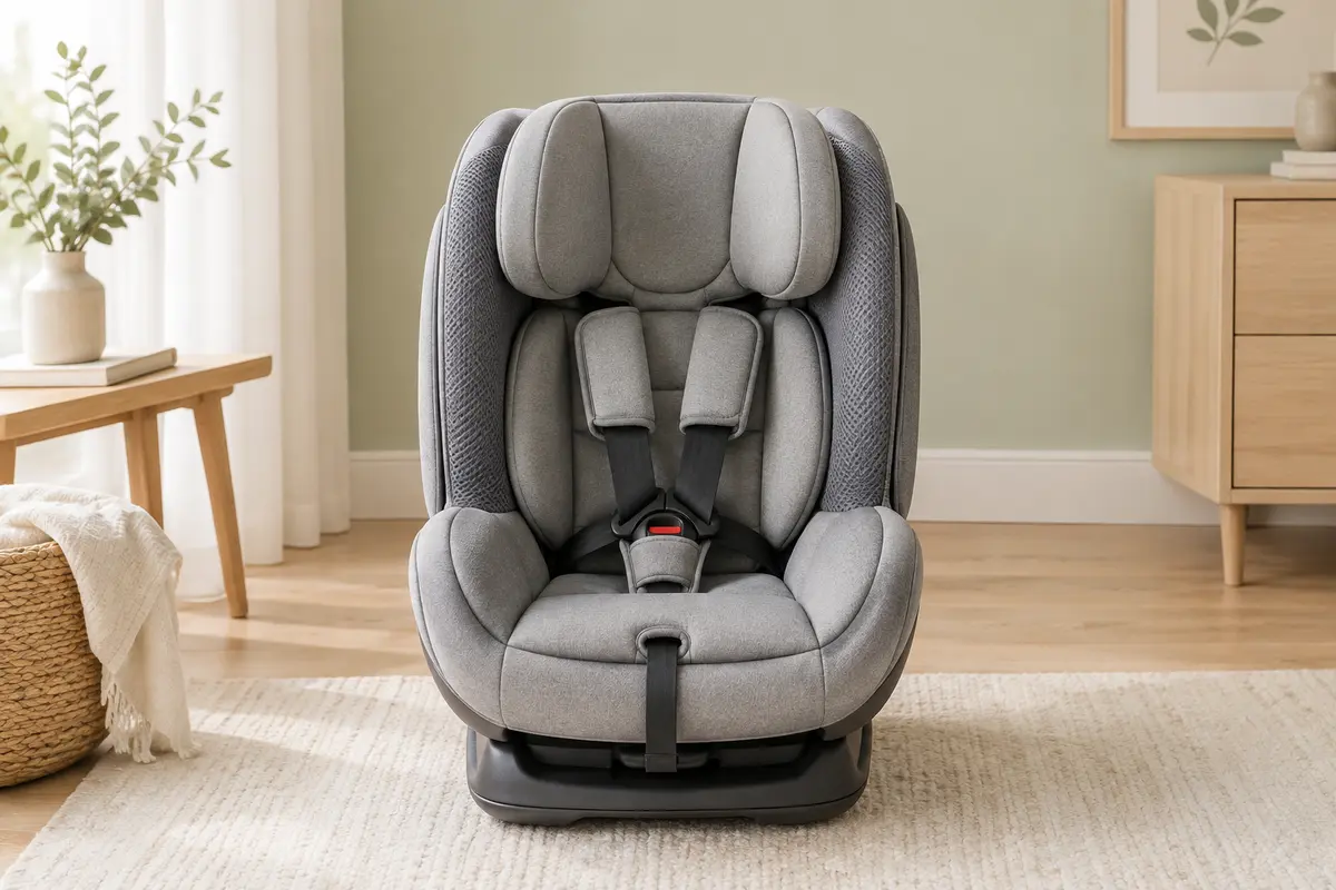 Siège auto Kinderkraft gris avec harnais cinq points et appui-tête réglable, présenté seul dans un intérieur lumineux.
