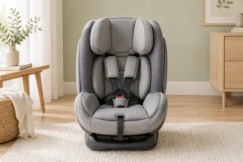 Siège auto Kinderkraft gris avec harnais cinq points et appui-tête réglable, présenté seul dans un intérieur lumineux.