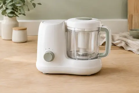 Robot cuiseur-mixeur blanc avec bol et couvercle posé sur un plan de travail en bois clair.