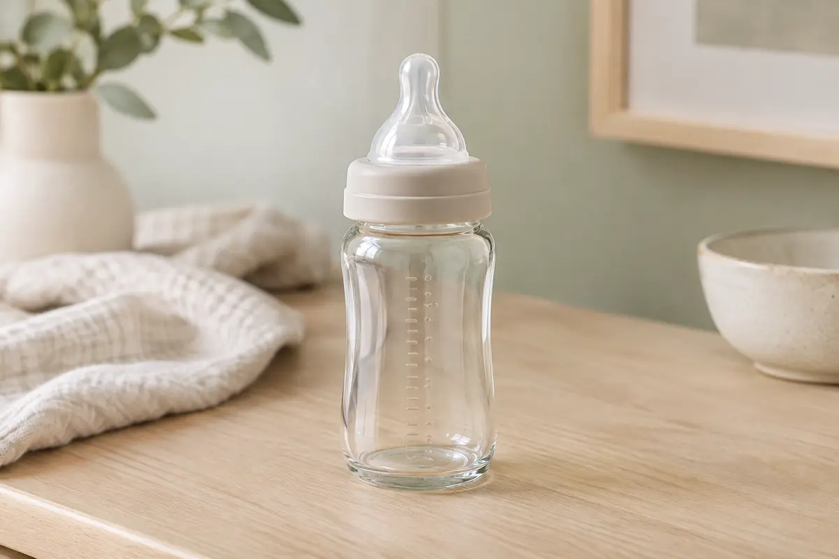 Biberon transparent en verre de 160 ml avec tétine souple en silicone, posé sur du bois clair.