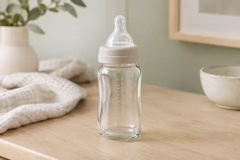 Biberon transparent en verre de 160 ml avec tétine souple en silicone, posé sur du bois clair.