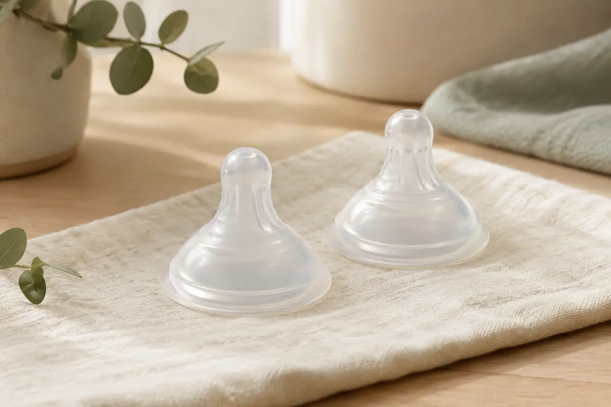 Deux tétines NaturalWave en silicone souple posées sur un linge clair dans un décor apaisant