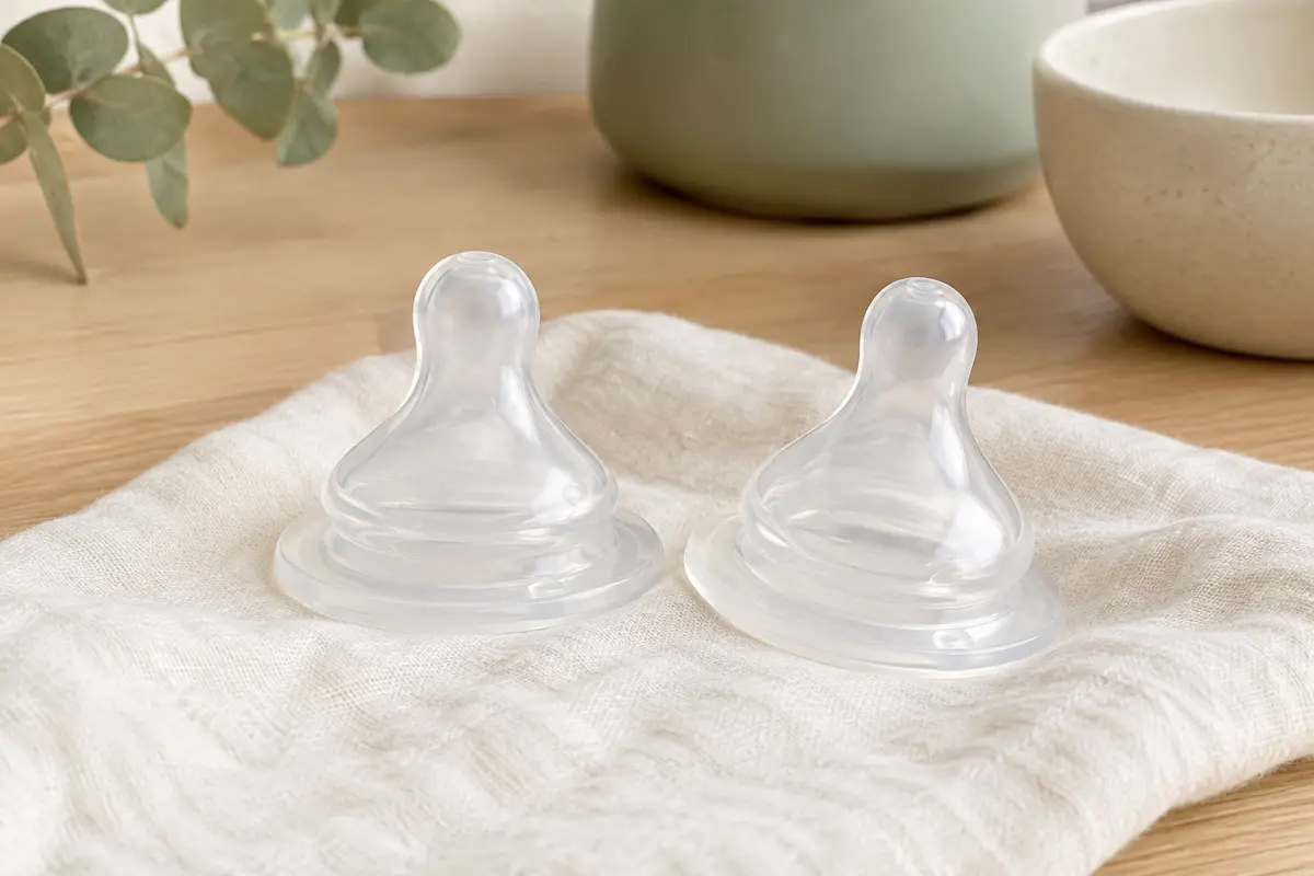 Deux tétines de biberon transparentes en silicone souple posées sur un linge ivoire