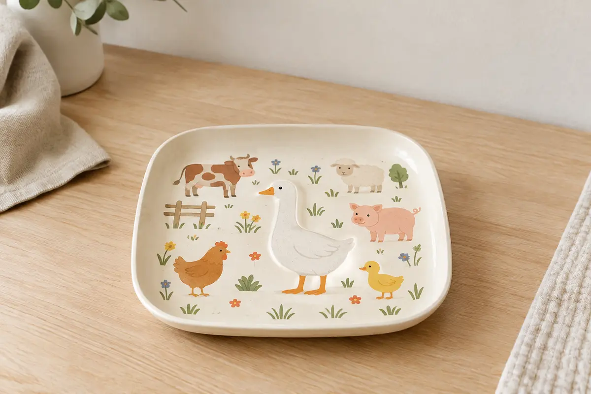 Assiette enfant carrée en biocomposite avec imprimé d’oie et anneau antidérapant sous la base