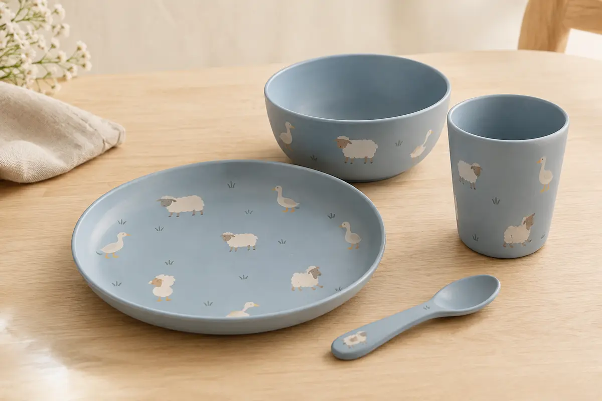 Set de vaisselle enfant bleu avec assiette, bol, gobelet et cuillère illustrés d’animaux de la ferme