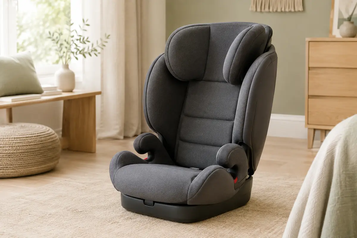 Siège auto évolutif gris graphite avec appui-tête réglable, posé dans un intérieur lumineux aux tons doux.