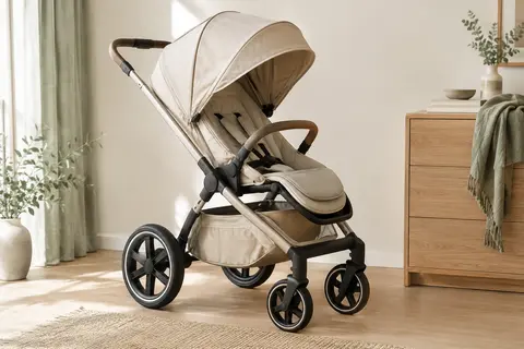 Poussette beige Lionelo Annet Plus avec capote XXL et grandes roues EVA dans un intérieur lumineux