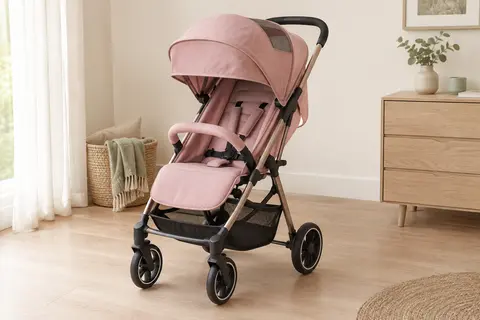 Poussette citadine pliable rose avec capote à fenêtre, harnais et panier sous le siège