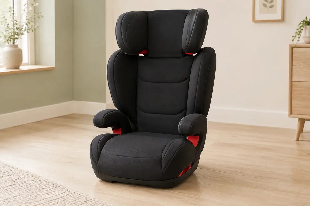 Siège auto Lionelo Lars noir et rouge avec dossier haut, accoudoirs et appui-tête réglable.