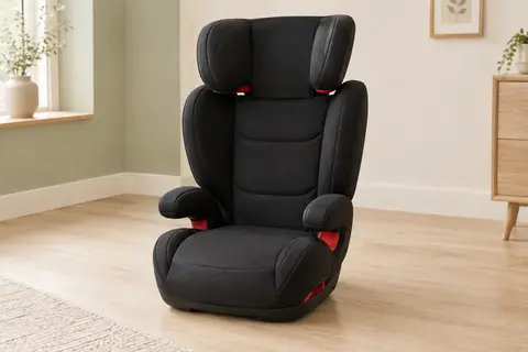 Siège auto Lionelo Lars noir et rouge avec dossier haut, accoudoirs et appui-tête réglable.