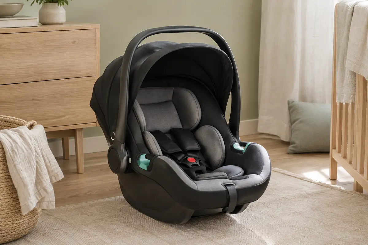 Siège-auto Lionelo Astrid i-Size noir et gris avec poignée rabattable et auvent pliable dans un intérieur clair