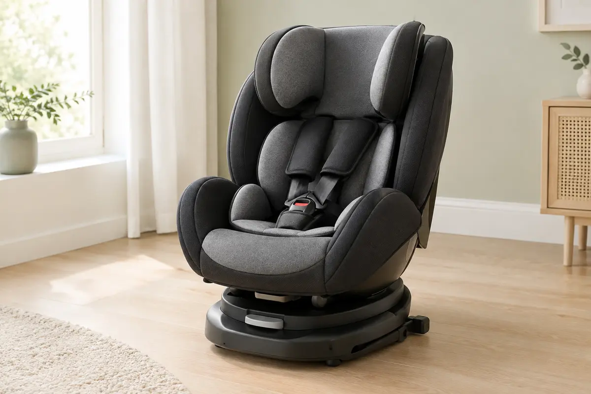 Siège auto pivotant noir et gris avec assise rembourrée et appuie-tête réglable, présenté dans un intérieur lumineux.