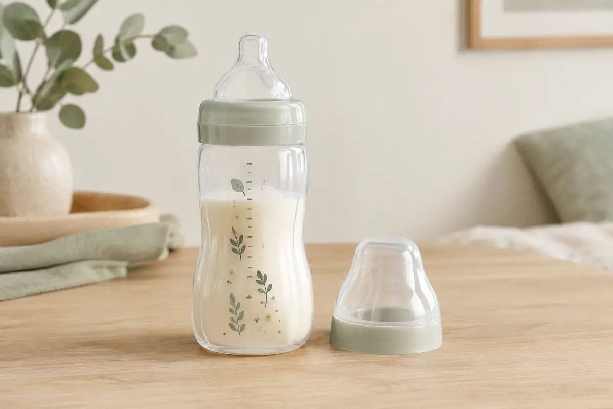 Biberon MAM Easy Active avec tétine en silicone et capuchon posé à côté sur une surface claire.
