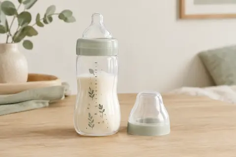 Biberon MAM Easy Active avec tétine en silicone et capuchon posé à côté sur une surface claire.