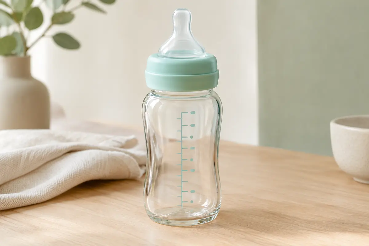 Biberon en verre gradué de 260 ml avec tétine plate en silicone et capuchon aqua