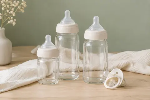 Trois biberons transparents en verre avec leurs tétines et une sucette naissance assortie