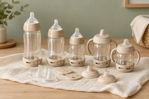 Ensemble beige de biberons Mam en plusieurs capacités avec tétine, disquettes, bec souple et poignées