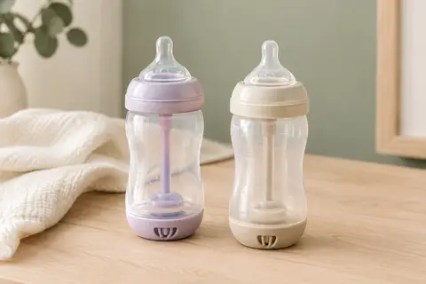 Deux biberons MAM ventilés de 260 ml, lilas et sable, avec tétines en silicone sur une table en bois clair.