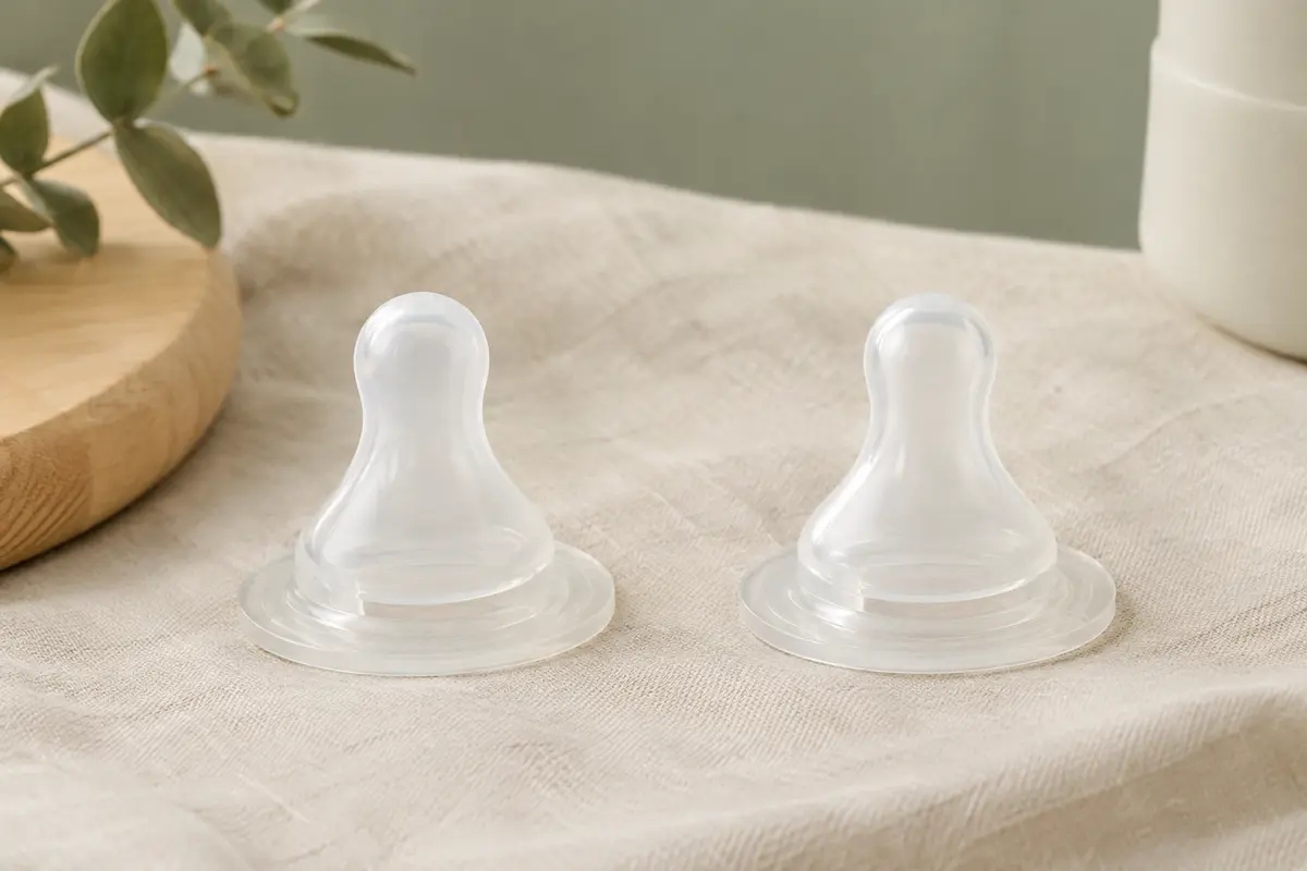 Deux tétines de biberon MAM en silicone, de forme plate et symétrique, posées sur du lin clair