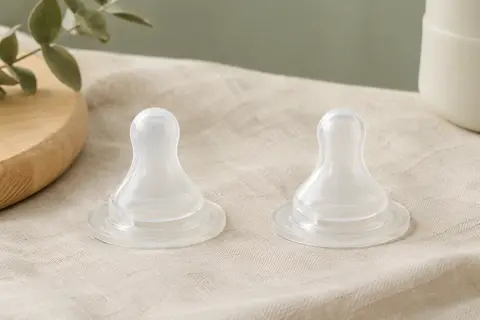 Deux tétines de biberon MAM en silicone, de forme plate et symétrique, posées sur du lin clair