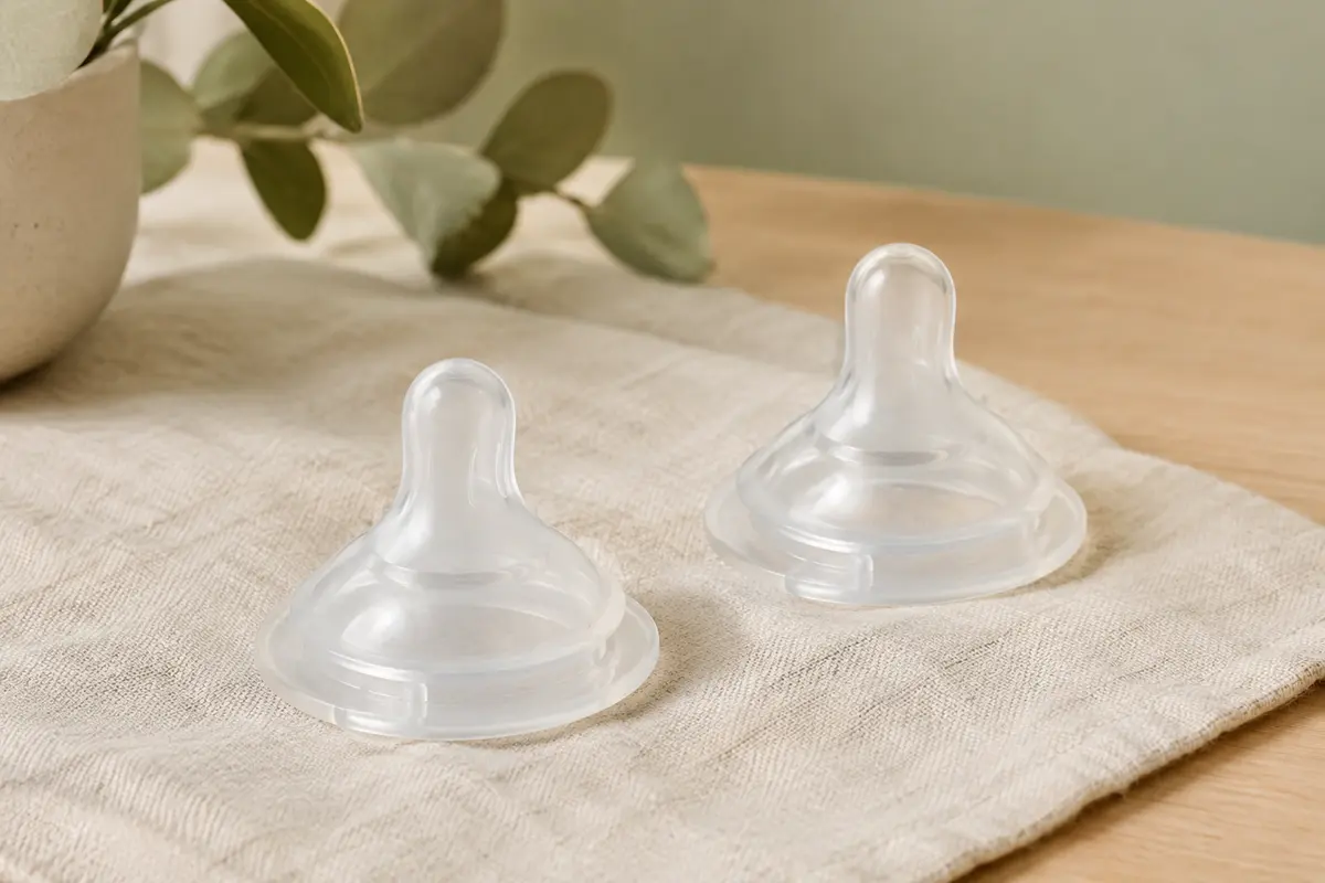 Deux tétines de biberon MAM en silicone, à forme plate, présentées sur un linge de lin clair.