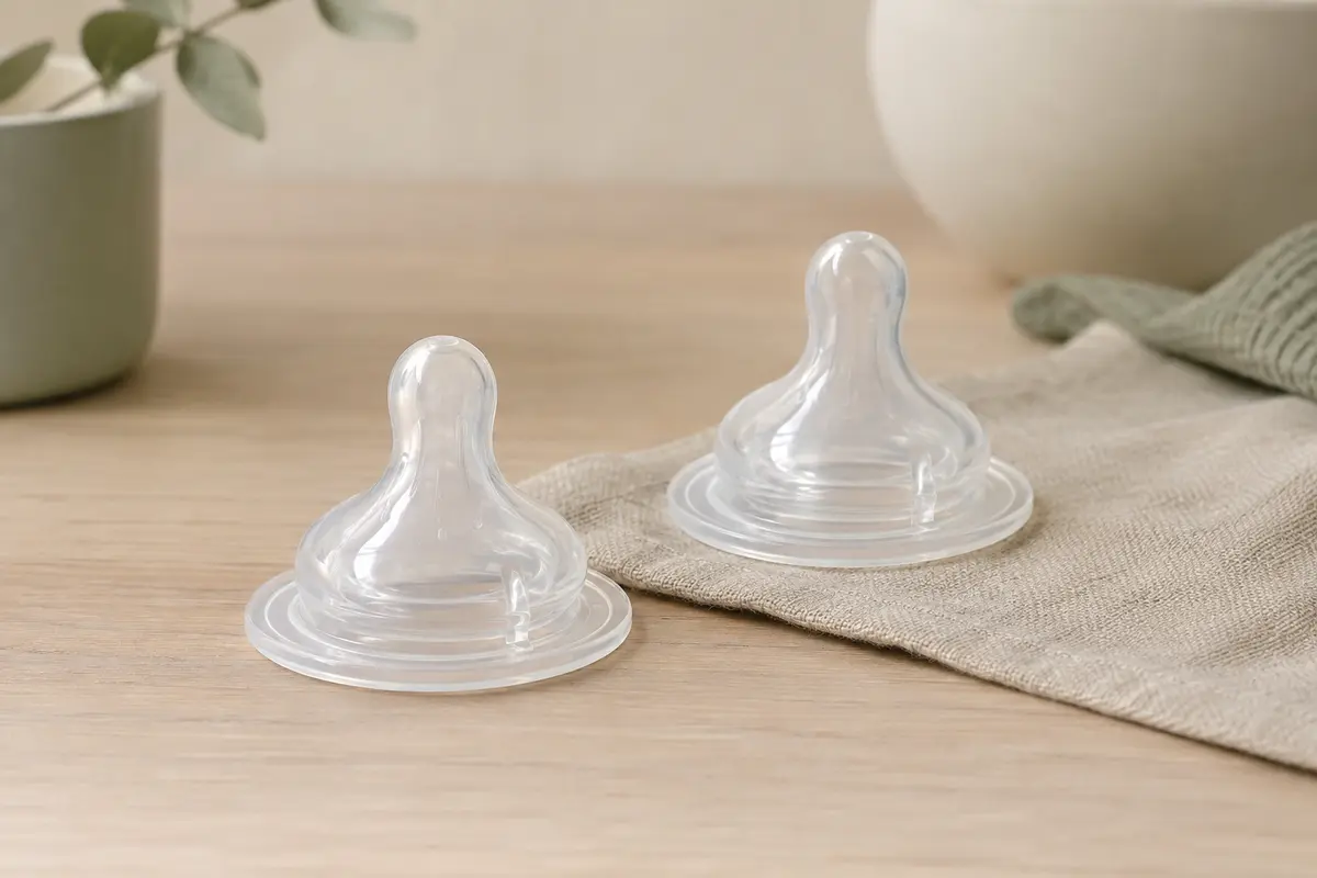 Deux tétines de biberon en silicone transparent posées sur un fond ivoire et sauge.