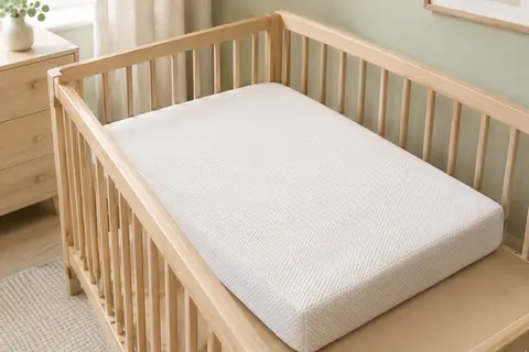 Matelas bébé rectangulaire à textile 3D, présenté seul dans une chambre aux matières naturelles.