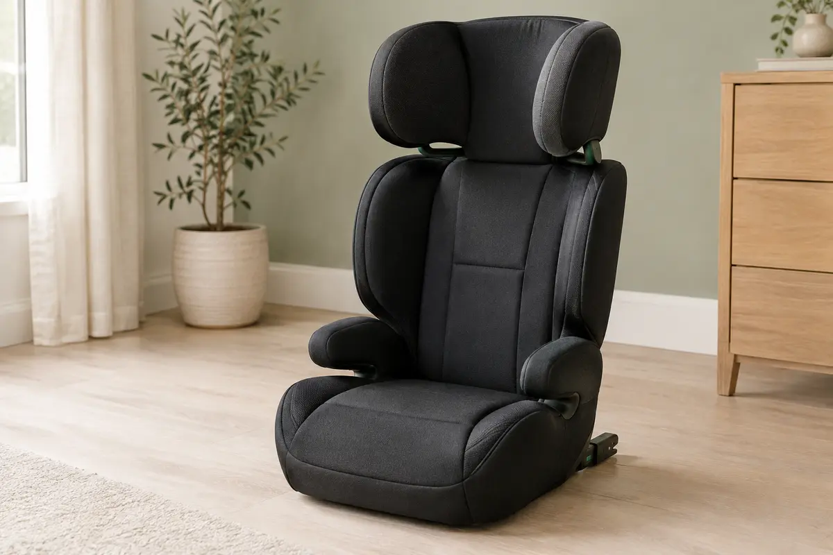 Rehausseur auto noir à dossier haut, avec assise rembourrée et appui-tête réglable