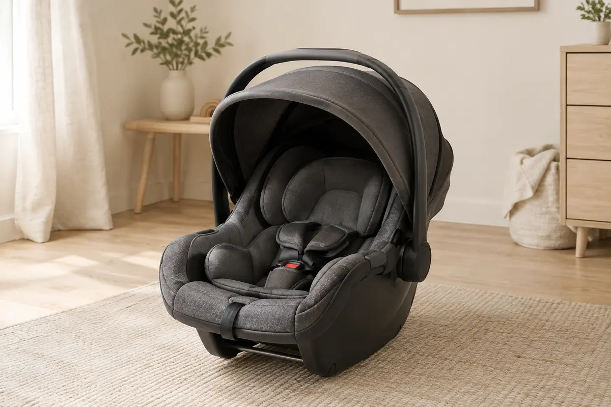 Siège-auto bébé Maxi-Cosi CabrioFix i-Size gris graphite, posé seul dans un intérieur lumineux aux tons ivoire.
