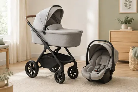 Poussette trio grise avec assise en mode landau et siège-auto assorti dans un intérieur lumineux