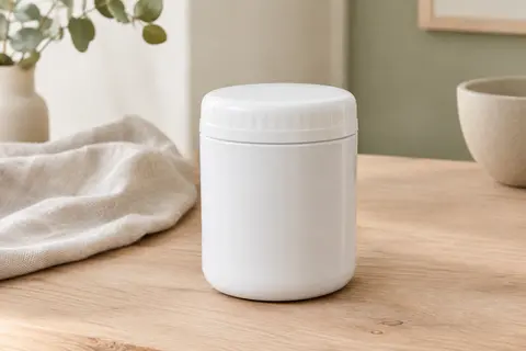 Stérilisateur compact de biberons en plastique blanc avec couvercle vissé, posé sur une surface en bois clair