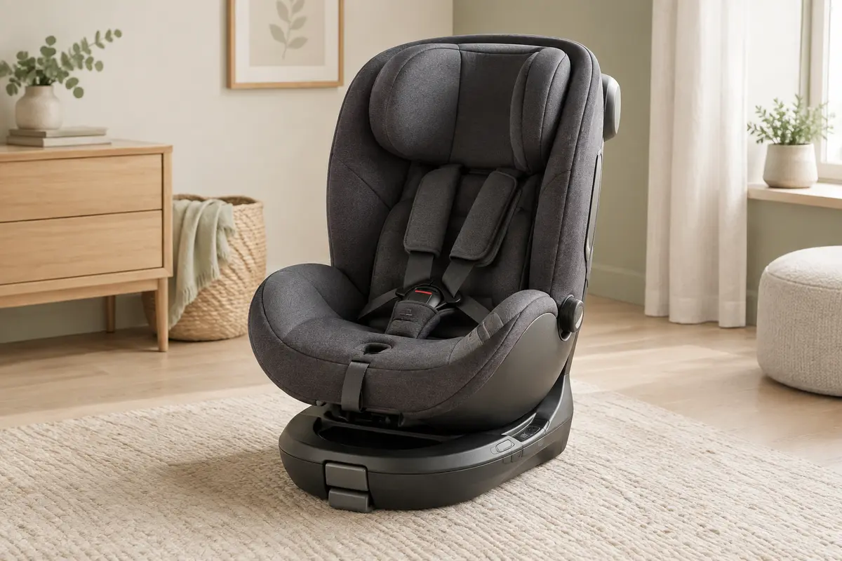 Siège auto Miophy gris foncé à base pivotante, présenté seul dans un décor intérieur lumineux et sobre.
