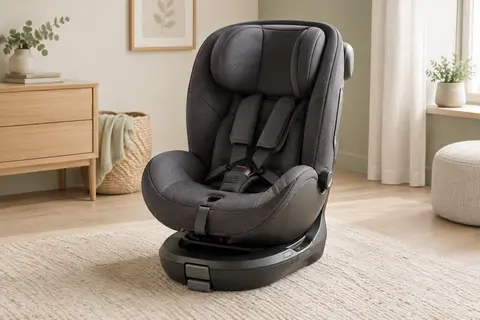 Siège auto Miophy gris foncé à base pivotante, présenté seul dans un décor intérieur lumineux et sobre.