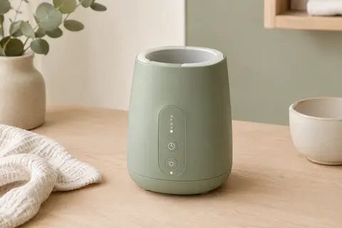 Chauffe-biberon Momcozy vert posé sur un plan de travail en bois clair dans une cuisine lumineuse