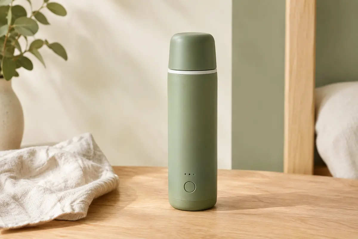 Chauffe-biberon portable vert posé sur une surface en bois clair dans un décor lumineux et sobre