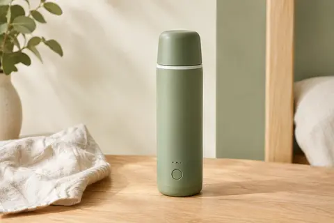 Chauffe-biberon portable vert posé sur une surface en bois clair dans un décor lumineux et sobre